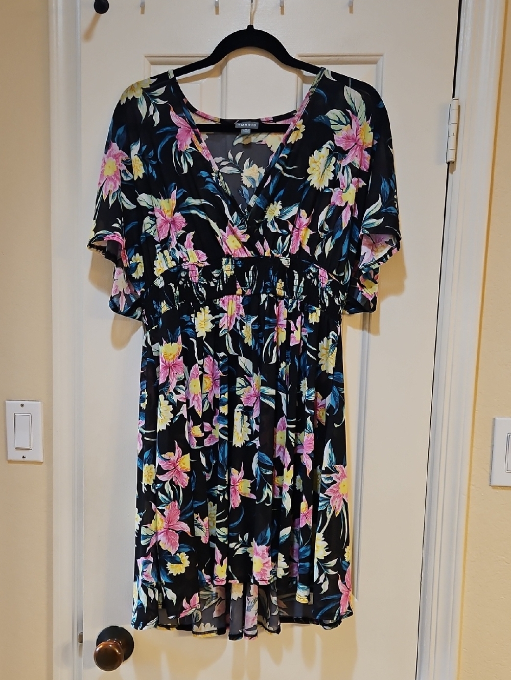 torrid Black Floral V-Neck Swim Coverup with Pink & Yellow Flowers